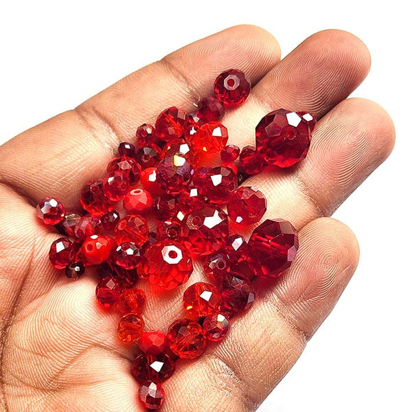 50 Grams Red color, Rondelle Faceted Crystal Mix size glass beads Size mostly encluded as 6mm, 8mm, 10mm, to some extent 4mm and 12mm mixed