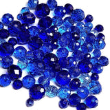 50 Grams Pkg. Blue color shade, Rondelle Faceted Crystal Mix size glass beads Size mostly encluded as 6mm, 8mm, 10mm, to some extent 4mm and 12mm mixed