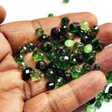 50 Grams Pkg. Green color shade, Rondelle Faceted Crystal Mix size glass beads Size mostly encluded as 6mm, 8mm, 10mm, to some extent 4mm and 12mm mixed