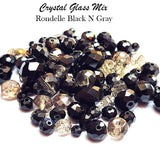 50 Grams Pkg. Black and Gray color, Rondelle Faceted Crystal Mix size glass beads Size mostly encluded as 6mm, 8mm, 10mm, to some extent 4mm and 12mm mixed