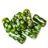 10/Pcs Pkg. Vintage Millefiori Trade Beads 15x32 Milimeter Size Base Color Green Tube Shape