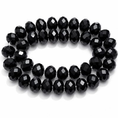 Black Crystal Glass Faceted Rondelle Beads 10x8mm | 10mm Abacus Tyre Shape | Jet Black Opaque Glass Beads | 68–70 Beads Per Strand | Jewelry Making Supplies