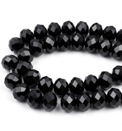 Black Crystal Glass Faceted Rondelle Beads 10x8mm | 10mm Abacus Tyre Shape | Jet Black Opaque Glass Beads | 68–70 Beads Per Strand | Jewelry Making Supplies