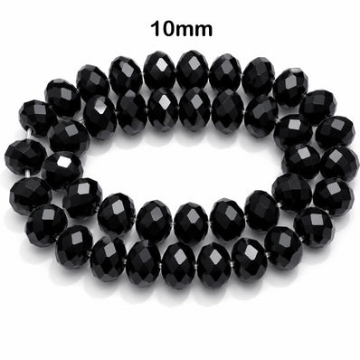 Black Crystal Glass Faceted Rondelle Beads 10x8mm | 10mm Abacus Tyre Shape | Jet Black Opaque Glass Beads | 68–70 Beads Per Strand | Jewelry Making Supplies