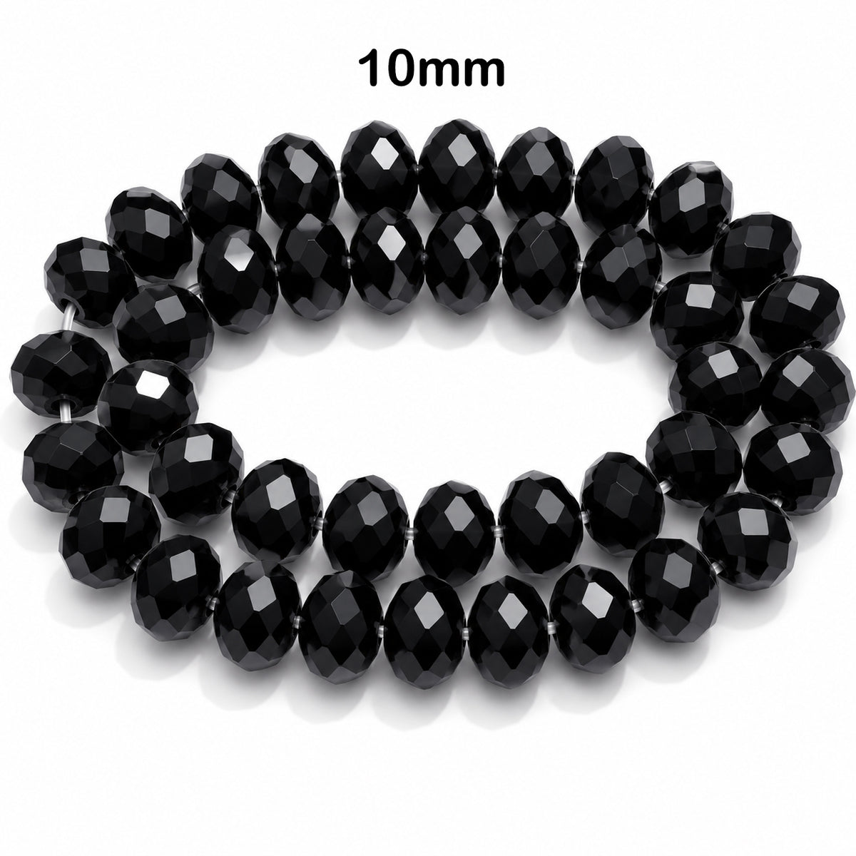 Black Crystal Glass Faceted Rondelle Beads 10x8mm | 10mm Abacus Tyre Shape | Jet Black Opaque Glass Beads | 68–70 Beads Per Strand | Jewelry Making Supplies