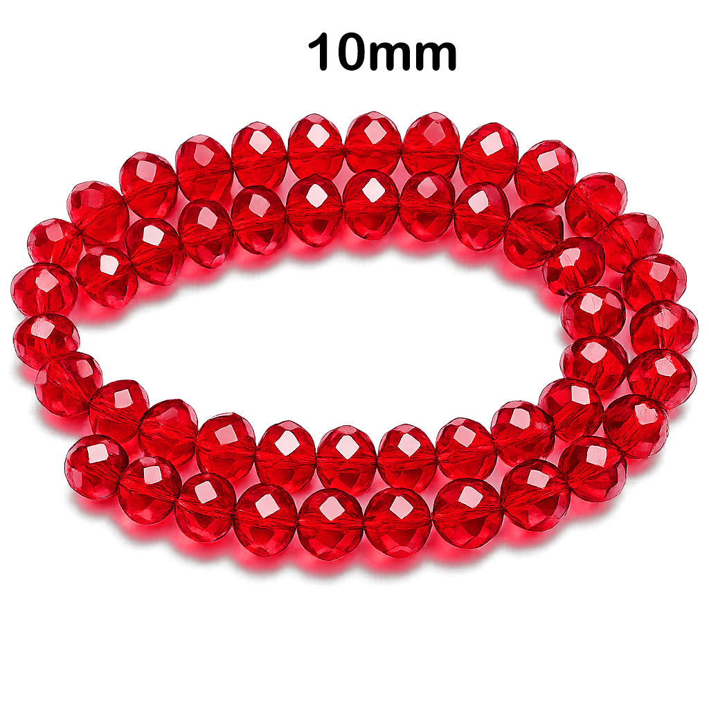 Red Crystal Glass Faceted Rondelle Beads 10x8mm | Transparent Ruby Red Abacus Tyre Shape | 68–70 Beads Per Strand | Premium Jewelry Making Beads