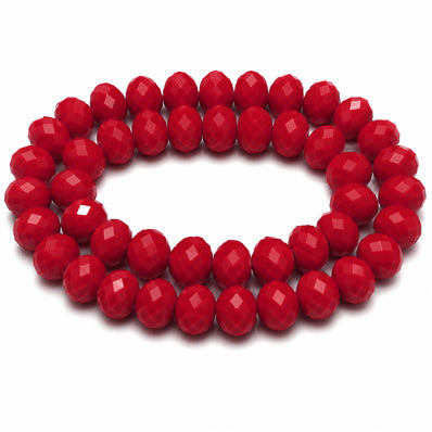 Opaque Red Crystal Glass Faceted Rondelle Beads 10x8mm | Solid Red Abacus Tyre Shape | 68–70 Beads Per Strand | Premium Jewelry Making Beads