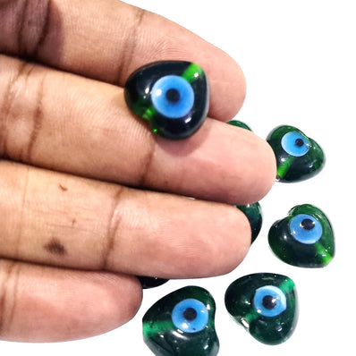20 Pcs Turkish Evil eye heart shape glass beads , base color green in size about 15mm