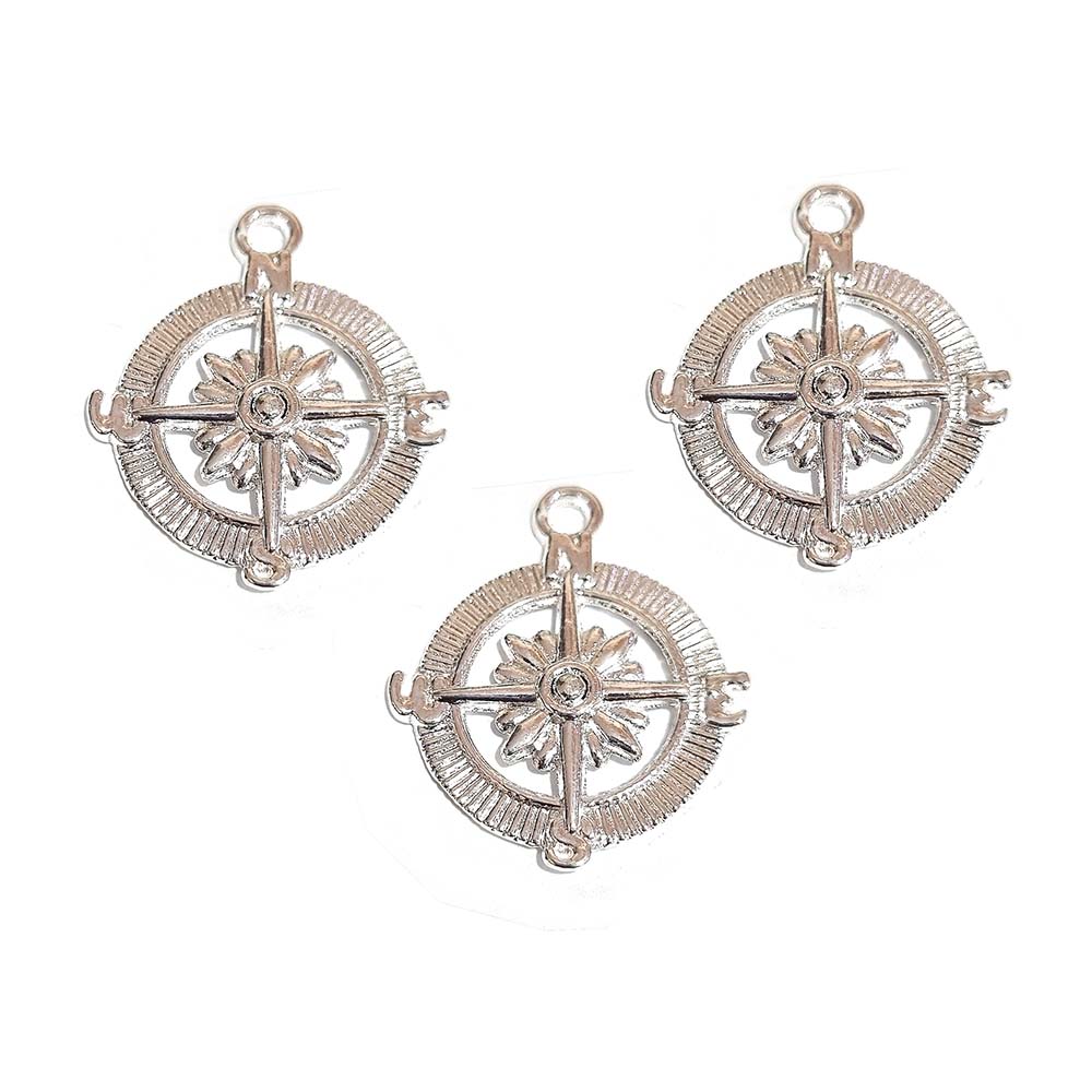 10 PCS PACK, 25x29 MM'  SMALL COMPASS CHARMS PENDANT JEWELRY MAKING RAW MATERIALS , COLOR PLATING SILVER