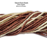10 Lines/strings 3mm size bone beads natural brown and cream