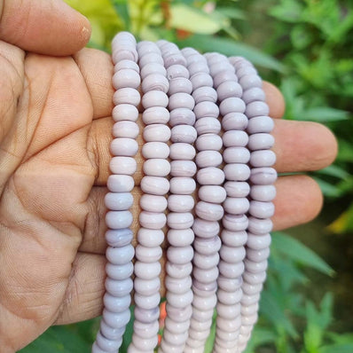 RONDEL SHAPE' 6X8 MM' PLAIN SMOOTH SURFACE 16 INCHES LONG' 84-86 PIECES' ORIGINAL COLOR' NOT DYED GLASS BEADS SOLD BY PER LINE PACK