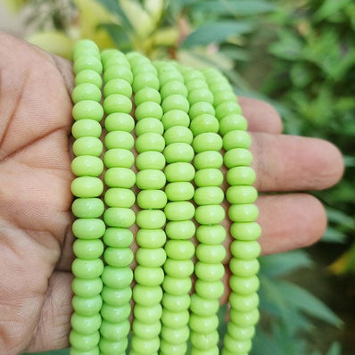 RONDEL SHAPE' 6X8 MM' PLAIN SMOOTH SURFACE 16 INCHES LONG' 84-86 PIECES' ORIGINAL COLOR' NOT DYED GLASS BEADS SOLD BY PER LINE PACK