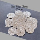 100 PCS LIGHT WEIGHT Silver CHARMS FOR JEWELRY ADORNMENT IN SIZE ABOUT 15MM