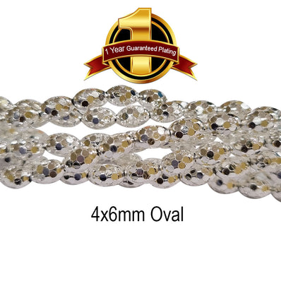 100 PCS. PKG. Silver 925 PLATED BEADS LONG LASTING PLATING, DIAMOND CUT IN SIZE ABOUT 4x6MM, Oval SHPAE