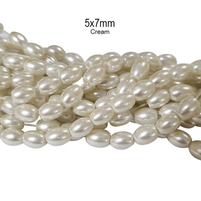 2 strings/lines Off-white color, Oval glass pearl beads, Approx 230+ Beads in size about 5x7mm