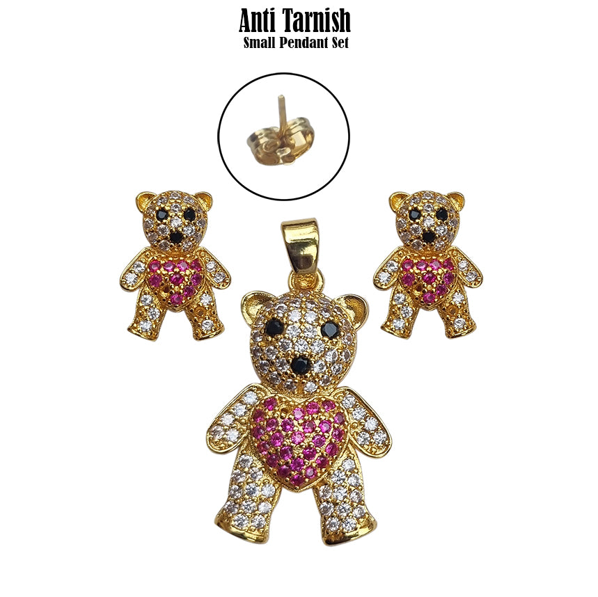 Anti Tarnish Small pendants with earring tops, Fine quality of Black Cubic Zirconia inlay Teddy wear set
