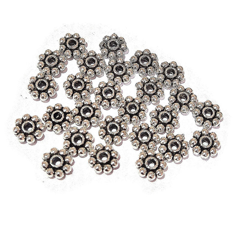 100Pcs, 8mm Size, Silver antiqued Daisy spacer metal beads