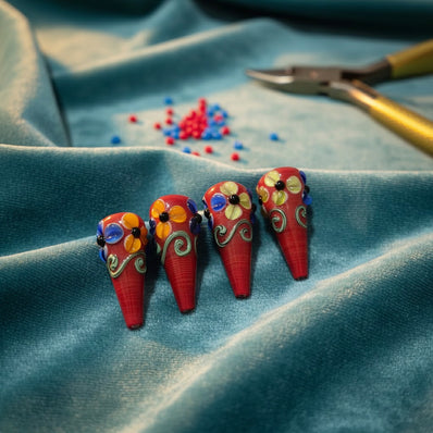 4 Pcs Pkg. Drop Flower Lampwork Beads for jewelry making Marron Color