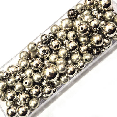50grms pkg. CCB Silver smooth ball beads, mix size 5mm to 12mm light weight beads