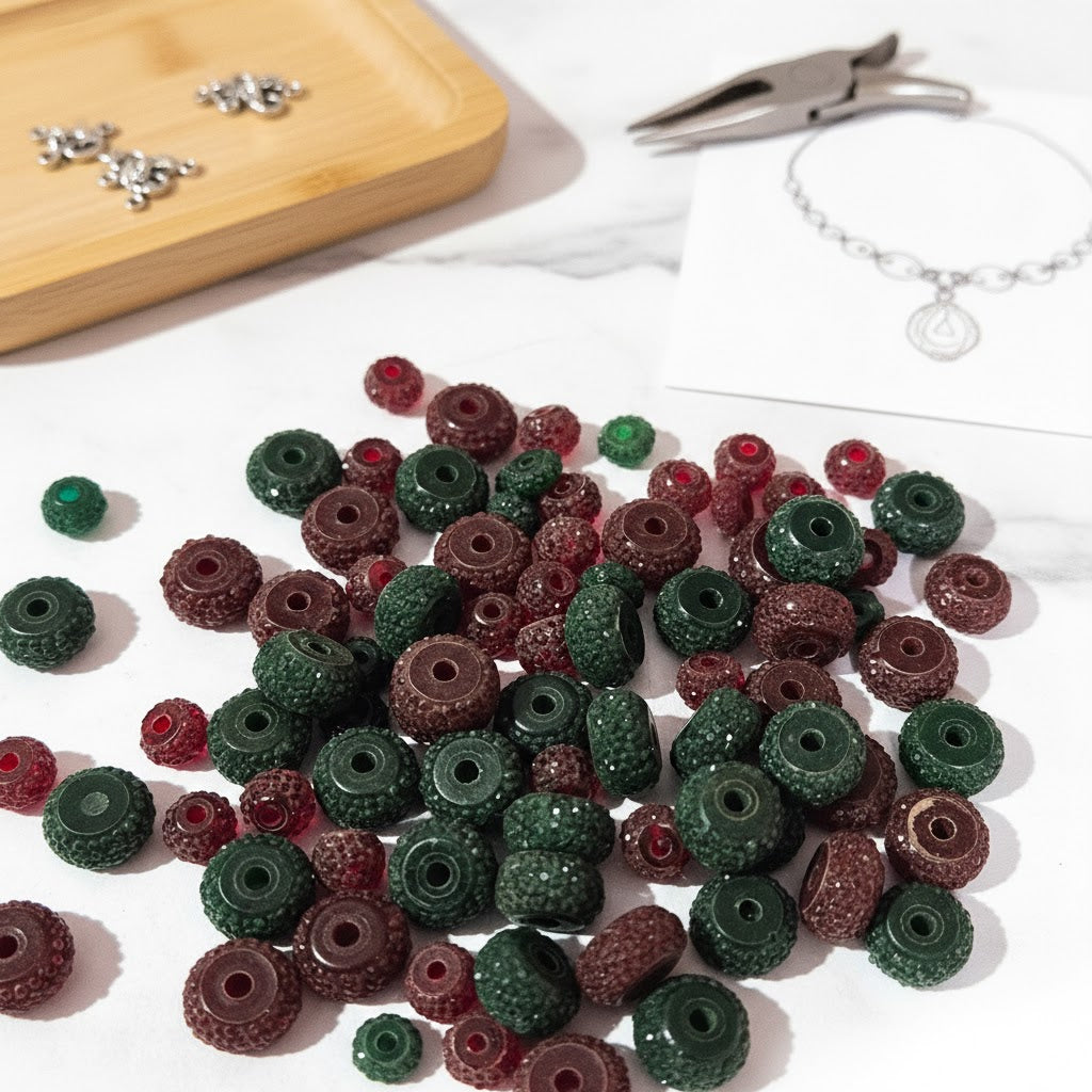 100pcs pkg. Green and Maroon Glitter spacer beads acrylic base