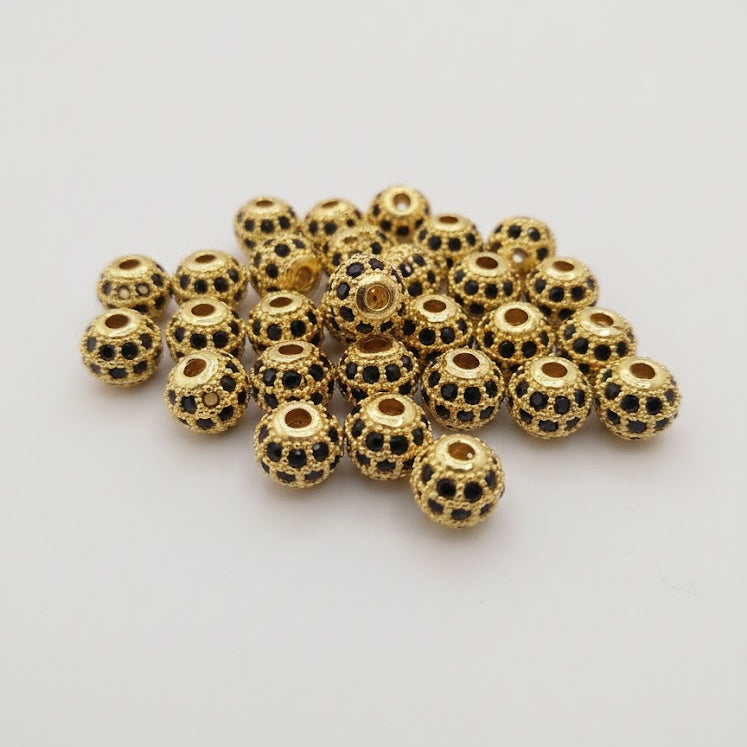 4pcs, 6mm Gold Micro-Pave Disco Ball Beads – Black Zircon Crystal Spacers – 18K Gold Plated Luxury Beads for Bracelet Making
