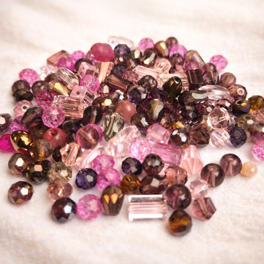 50 Grams, Crystal Glass Beads 4–7mm | Random Mixed Shapes & Sizes | Premium Shiny Beads for Jewelry Making, Colour pink Tone