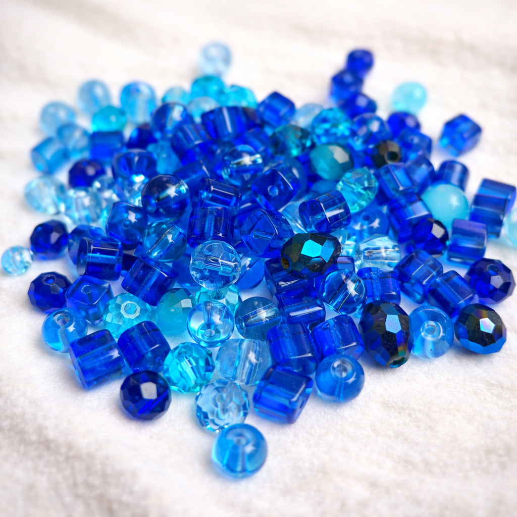 50 grams pack, Crystal Glass Beads 4–7mm | Random Mixed Shapes & Sizes | Premium Shiny Beads for Jewelry Making, Colour Blue Tone
