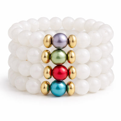 Alabaster White Beaded Bracelet Set (4 pcs) with Colored Pearl Center | 10mm Stretch Bracelets