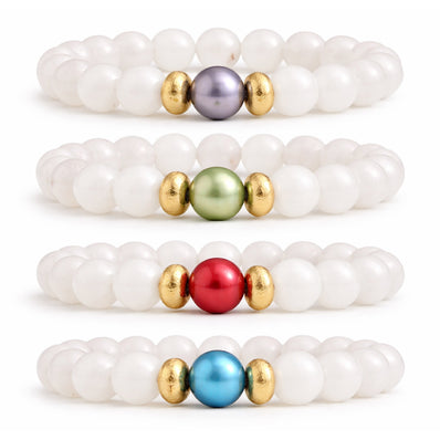 Alabaster White Beaded Bracelet Set (4 pcs) with Colored Pearl Center | 10mm Stretch Bracelets
