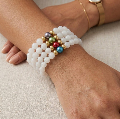 Alabaster White Beaded Bracelet Set (4 pcs) with Colored Pearl Center | 10mm Stretch Bracelets