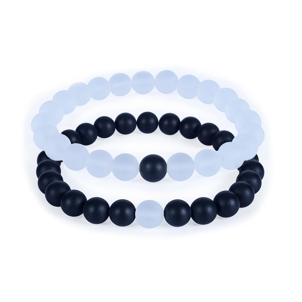 Couples Distance (2Pcs), Matte Black & Frosted White Beaded Stretch Bracelet Set | Minimal Couple Bracelets | 8mm beads, Elastic Jewelry