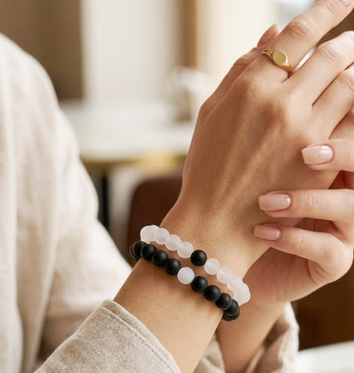 Couples Distance (2Pcs), Matte Black & Frosted White Beaded Stretch Bracelet Set | Minimal Couple Bracelets | 8mm beads, Elastic Jewelry