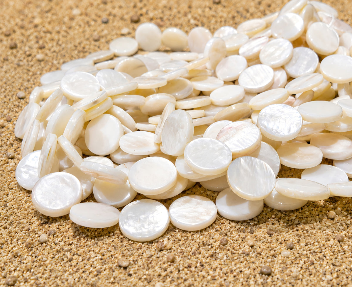 12mm White Round Mother of Pearl (MOP) Coin Beads Strand | Natural Shell Disc Beads | Approx. 31 Beads Per String