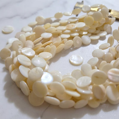 12mm White Round Mother of Pearl (MOP) Coin Beads Strand | Natural Shell Disc Beads | Approx. 31 Beads Per String