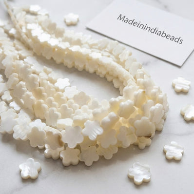 10mm White Flower Mother of Pearl (MOP) Beads Strand | Natural Shell Clover Beads | Approx. 41 Beads Per String