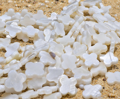 12mm White Flower Mother of Pearl (MOP) Beads Strand | Natural Shell Clover Beads | Approx. 26 Beads Per String