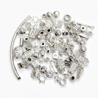 100 PCS Mixed Assorted Alloy Metal Beads – Shiny Silver Plated Jewelry Making Beads