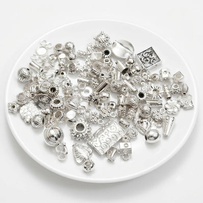 100 PCS Mixed Assorted Alloy Metal Beads – Shiny Silver Plated Jewelry Making Beads