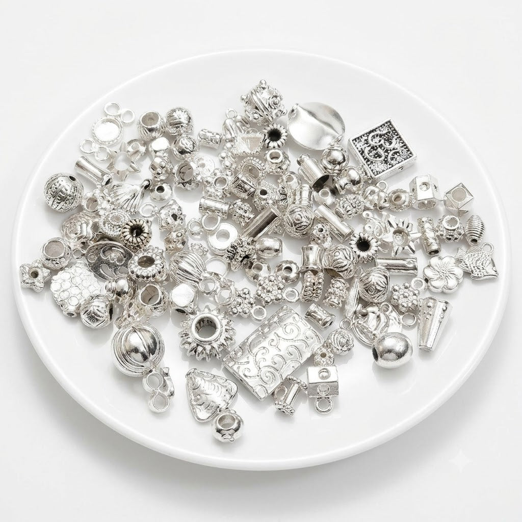 100 PCS Mixed Assorted Alloy Metal Beads – Shiny Silver Plated Jewelry Making Beads