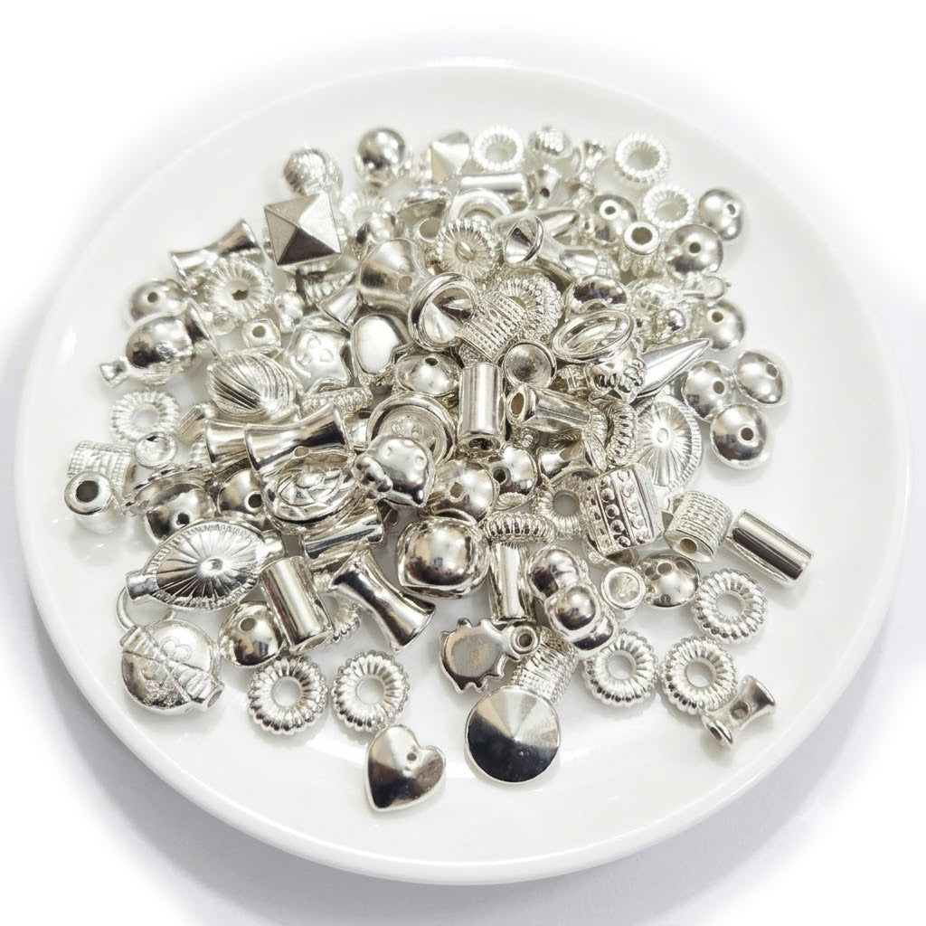 100pcs CCB Acrylic Metallic Silver Beads Mix – Lightweight Silver Tone Spacer & Decorative Beads Assortment