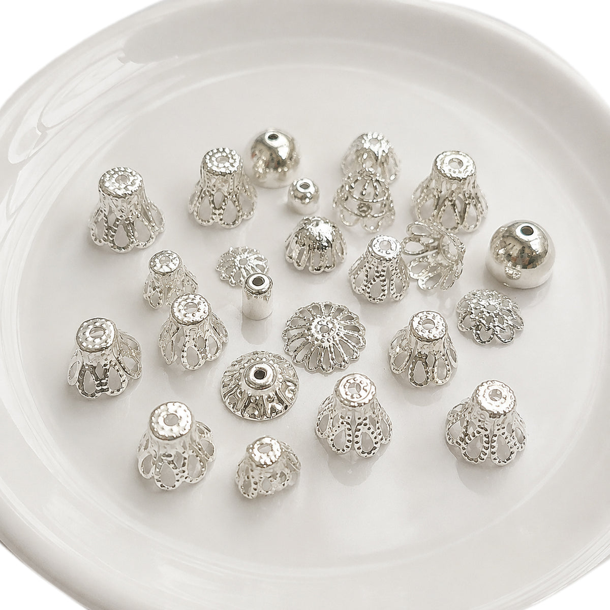 200pcs Filigree Bead Caps Mix Assortment – Silver Plated Metal Bead Caps for Jewelry Making
