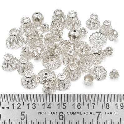 200pcs Filigree Bead Caps Mix Assortment – Silver Plated Metal Bead Caps for Jewelry Making