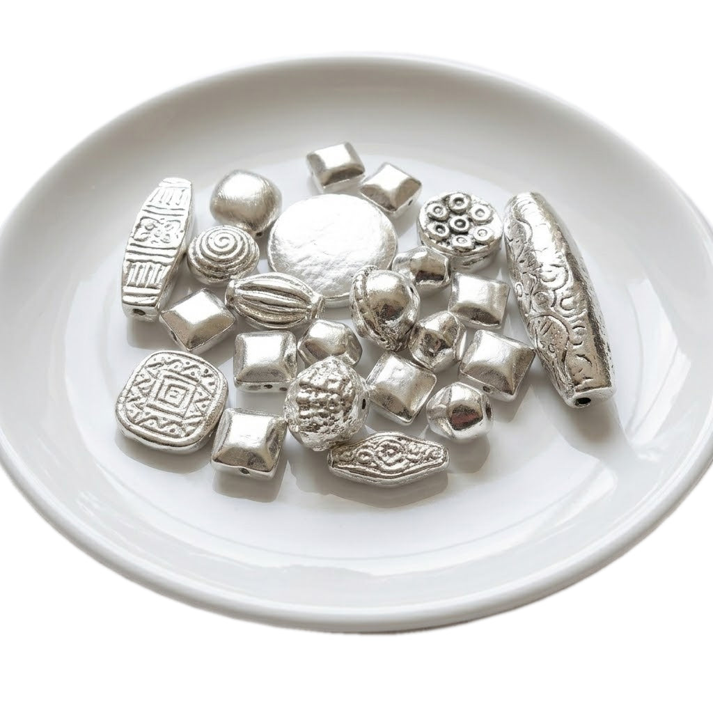 Large Aluminum Metal Beads Mix – Shiny Silver Plated Assorted Beads for Jewelry Making, Sold Per 200 Grams Pack