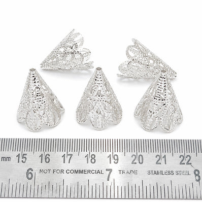30pcs Large Cone Bead Caps – Silver Plated Lightweight Filigree End Caps for Jewelry Making