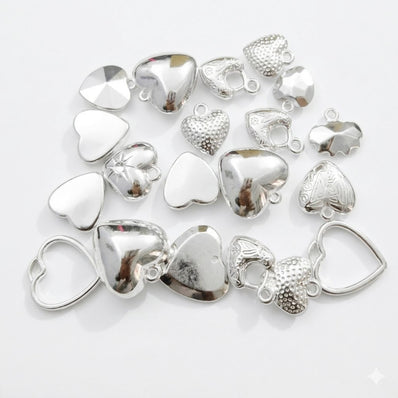 Heart Shape CCB Acrylic Charms Mix – Silver Plated Metallic Finish – Assorted Heart Pendants & Connectors – 50pcs Pack – 20mm to 25mm