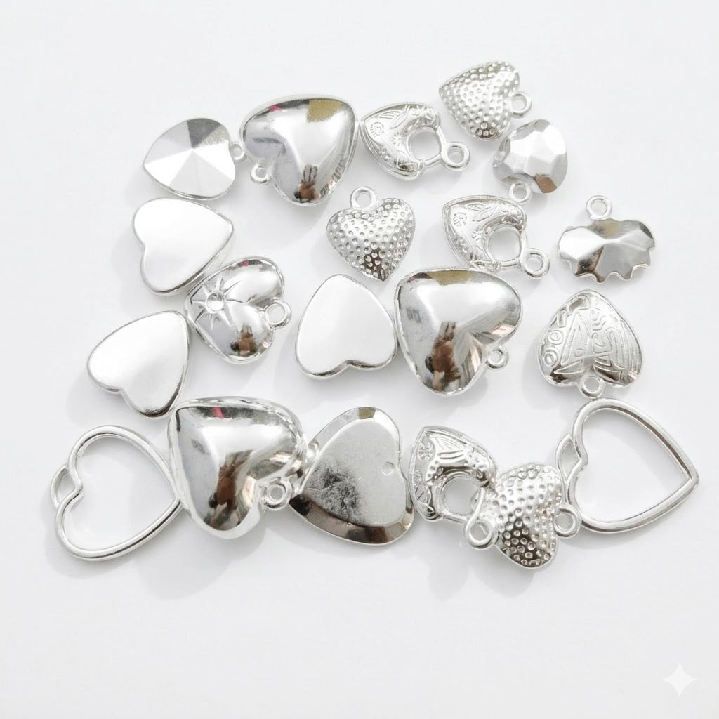 Heart Shape CCB Acrylic Charms Mix – Silver Plated Metallic Finish – Assorted Heart Pendants & Connectors – 50pcs Pack – 20mm to 25mm