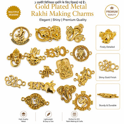 100pcs lot, random mix,Gold Plated Metal Rakhi Making Charms for Jewelry Making | Shiny Golden Connector Charms | DIY Rakhi, Bracelet, Necklace & Craft Supplies | Assorted Designs