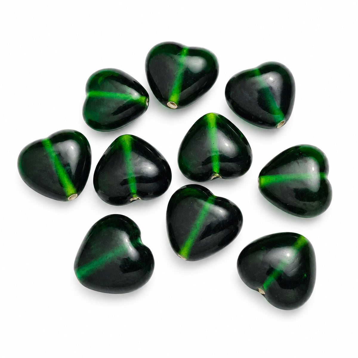 Dark Emerald Green Heart Shape Glass Beads | Smooth Puffy Heart Loose Beads for Jewelry Making | DIY Necklace Bracelet Earrings | Sold Per 10pcs, Size 15mm approxPack
