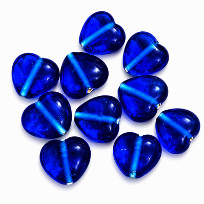 Royal Blue Heart Shape Glass Beads 15mm | Smooth Puffy Heart Loose Beads | Jewelry Making Supplies | Sold Per 10 Pieces Pack
