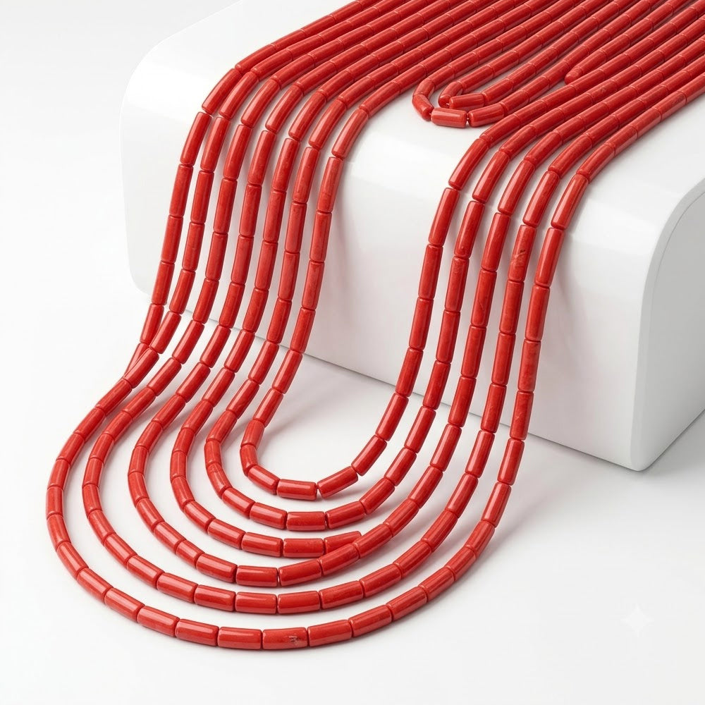 Natural Bamboo Coral Tube Beads 3x9mm | Taiwan Made | Bright Coral Red Cylinder Loose Gemstone Beads | Approx. 54–55 Beads Per Strand | Premium Jewelry Making Supplies